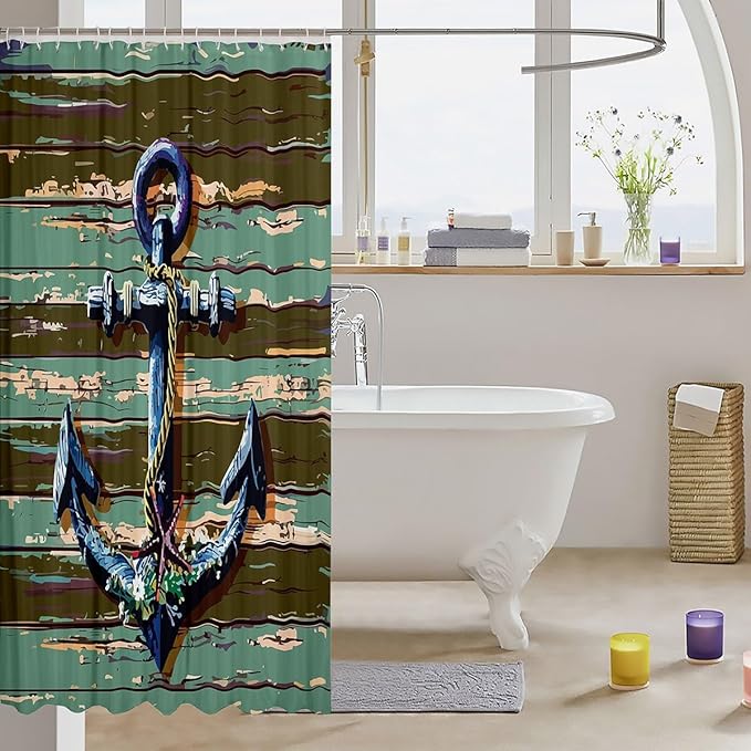 Feelyou Anchor Nautical Shower Curtain Wooden Anchor Decor Fabric Shower Curtain for Kids Boys Girls Vintage Green Bathroom Waterproof Accessories with 12 Hooks Rustic Farmhouse Curtains,72x72 Inches