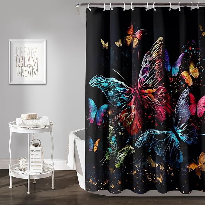 AILONEN Colorful Butterfly Shower Curtain, Tie Dye Butterfly Bath Curtain,Modern Fashion Minimalist Decorative Shower Curtain with 12 Plastic Hooks (Kids/Girls/Women/Teen/) Black 72" W*84" H