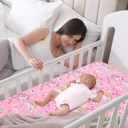 JISEN Baby Crib Sheets Soft Breathable Unicorns Fitted Crib Sheets Pink Baby Sheet for Standard Crib and Toddler Mattress Baby Bed Sheets for Crib for Baby Boys Girls Neutral 52x28 Inch