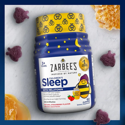 Zarbee's Children's Sleep Gummies with Melatonin, Non-Habit Forming Children's Sleep Gummies Work with Natural Sleep Cycles to Promote Peaceful Sleep, Drug-Free, Natural Strawberry, 60 ct 