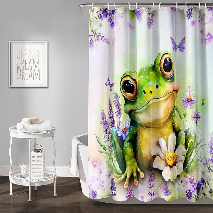 AILONEN Cartoon Frog Shower Curtain, Cute Green Frog Shower Curtain Set with Hooks for Kids Boys Girls,Purple Flowers Tropical Amphibian Waterproof Fabric Shower Curtain for Bathroom,60" W*72" H