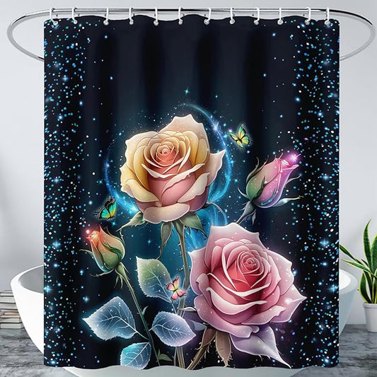 AILONEN Pink Rose Shower Curtain,Galaxy Butterfly Rose Flower Curtain for Kids Girls Women,Modern Romantic Curtain,Print Polyester Waterproof with 12 Plastic Hooks, 72" W*72" H