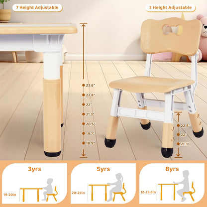 Kids Table and 6 Chairs Set, Height Adjustable Graffiti Desk, Preschool Activity Art Craft Table, for Daycare Classroom Home Boys and Girls Age 3-12 (Beige)