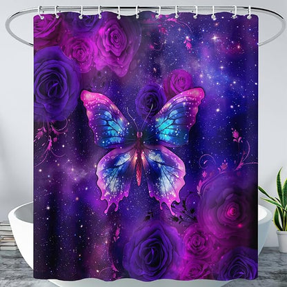 AILONEN Butterfly Shower Curtain Bathroom 72" W*84" H Sparkly Purple Butterfly and Rose Curtain Cloth Fabric Bathroom for Girls Kids,Deep Purple Shower Curtain Set
