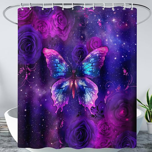 AILONEN Butterfly Shower Curtain Bathroom 72" W*84" H Sparkly Purple Butterfly and Rose Curtain Cloth Fabric Bathroom for Girls Kids,Deep Purple Shower Curtain Set