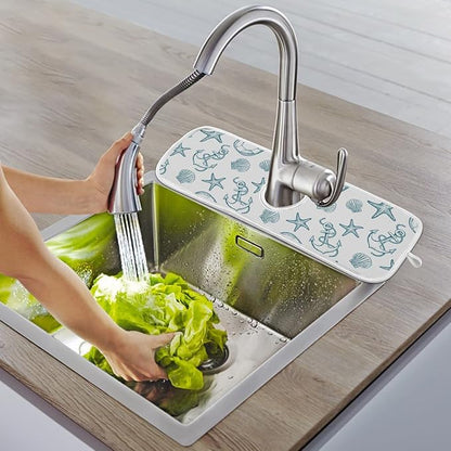 Coastal Starfish Shell Faucet Water Catcher Mat 2 Pack Seashell Ocean Nautical Theme Drying Mat Absorbent Bathroom Faucet Handle Drip Catcher Tray Bar RV Kitchen Sink Splash Guard 14x5 Inches