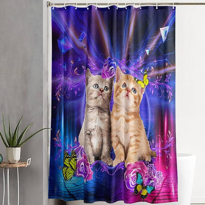 AILONEN 3D Cat Shower Curtain,Cute Kitten Shower Curtain Set for Kids Boys Girls,Cat Lovers Animal Shower Curtain for Bathroom,Rose with Butterfly Bath Curtain with Hooks,60" W*72" H