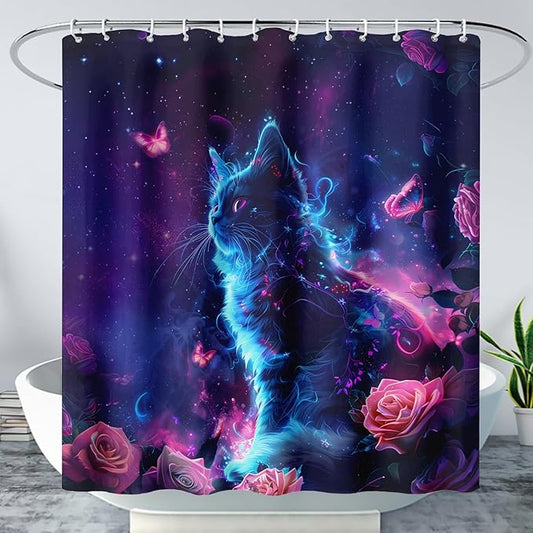 AILONEN 3D Rose Cat Shower Curtain Set, Beautiful Kitten with Butterfly Shower Curtain Liner for Kids Boys Girls,Boho Galaxy Shower Curtain for Bathroom,60" W*72" H
