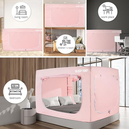 BORNA Bed Tent Bunk Twin Bed Canopy for Indoor Portable Light Reducing Sleeping Canopy for Kids and Adult,Bunk Blackout Tents Breathable Privacy Space Tent Mosquito Netting for Bed(Macaron Pink)