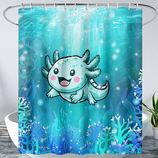 AILONEN Cute Axolotl Kids Shower Curtain for Bathroom,Blue Ocean Jellyfish Coral Print Bath Curtain 48" W*72" H,Girls Boys Kawaii Salamander Decorative Waterproof with 12 Plastic Hooks