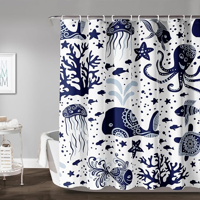 AILONEN Cartoon Dolphin Shower Curtain for Kids 48" W*72" H Inch,Blue Whales Octopuses Turtles Pattern Shower Curtain,Ocean Life Theme 12 Pack Hooks Polyester Waterproof Fabric Decor for Bathroom