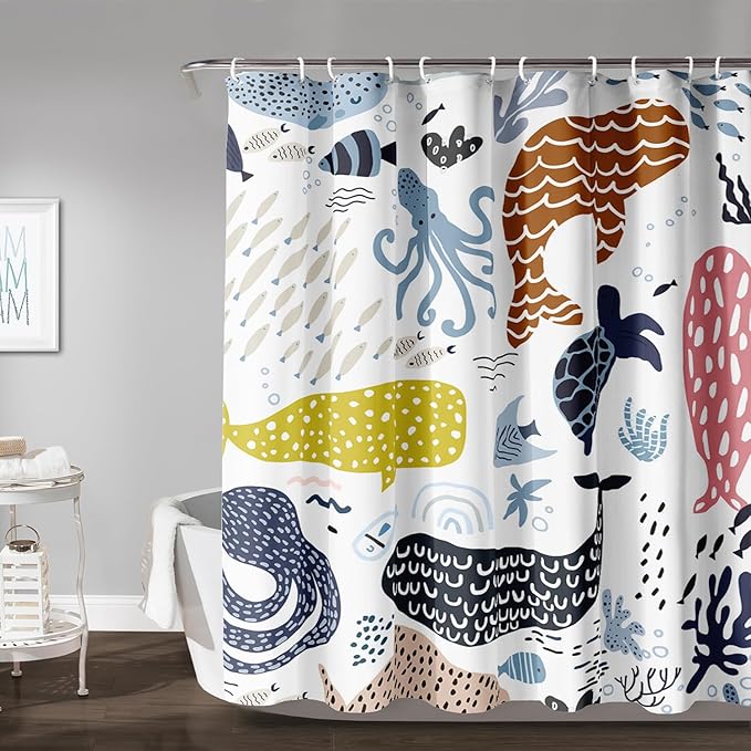 AILONEN Cartoon Dolphin Shower Curtain for Kids 36" W*72" H Inch,Colorful Whales Octopuses Pattern Shower Curtain,Marine Life Theme 12 Pack Hooks Polyester Waterproof Fabric Decor for Bathroom