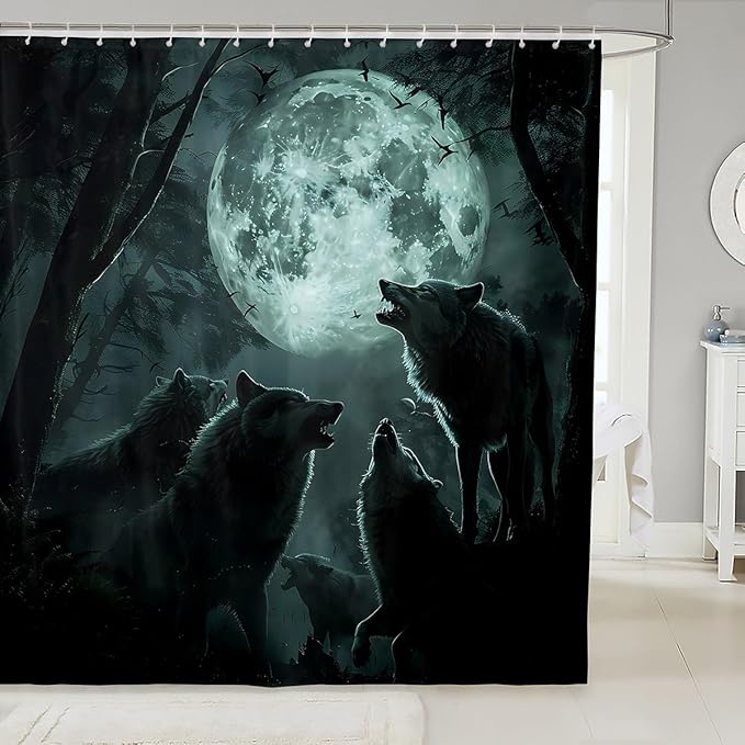 Feelyou Wolf Bath Curtain Wolves Howling Shower Curtain for Boys Girls Natural woles Bathroom Shower Curtain Set Animal Wolves Kids Bathroom Accessories 72"x84"