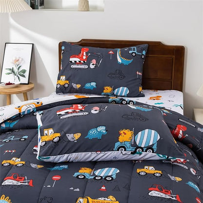 Meeting Story Construction Truck Car Twin Kid Comforter Set for Boys,5 Pieces Dinosaur Bedding Set with Sheets and Pillowcases，Excavator Lightweight Microfiber Bedding Sets（Grey，Twin5pcs）