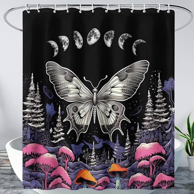 AILONEN Moth Shower Curtain for Kids Girls Boys, Boho Sun Moon with Mushroom Shower Curtains for Bathroom,Natural Plants Shower Curtain Set with Hooks,48" W*72" H