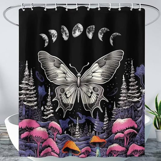 AILONEN Moth Shower Curtain for Kids Girls Boys, Boho Sun Moon with Mushroom Shower Curtains for Bathroom,Natural Plants Shower Curtain Set with Hooks,48" W*72" H