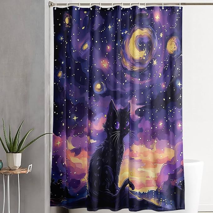 AILONEN Black Cat Shower Curtain,Cartoon Mother Son Kitten Shower Curtain Set for Kids Boys Girls,Boho Style Starry Night Shower Curtain with Hooks for Bathroom,72" W*72" H