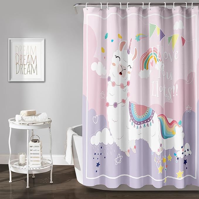 AILONEN Cute Llama Kids Shower Curtain for Girls,Happy Llama in Sky Clouds Print Bath Curtain 60" W*72" H,Kawaii Kids Bathroom Curtain Polyester Waterproof Girls Bathroom Curtain with 12 Hooks
