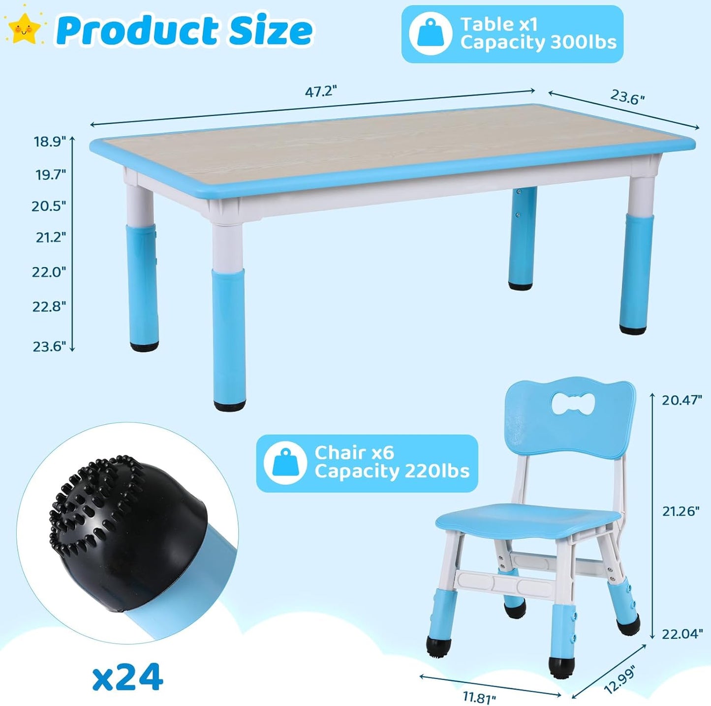 Kids Table and 6 Chairs Set, Height Adjustable Graffiti Desk, Preschool Activity Art Craft Table, for Daycare Classroom Home Boys and Girls Age 3-12 (Blue)