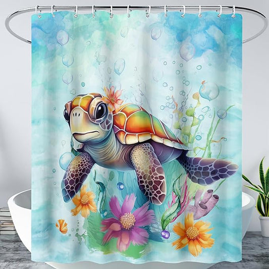 AILONEN Cute Sea Turtle Shower Curtain,Boys Kids Ocean Turtle Bath Curtain with 12 Plastic Hooks,Watercolor Sea Turtle Decorative Waterproof Curtain 72" W*84" H