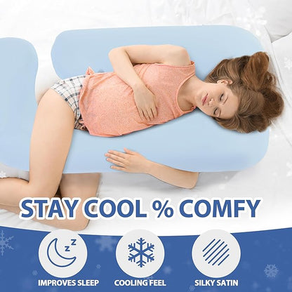 Cooling Pregnancy Pillow Cover (ONLY Pillowcase), Q-Max 0.4 U Shaped Luxurious Smooth Maternity Pillow Cover with Hidden Zip, Cool Large Pillow Protector for Side Hot Sleeper, Blue, 58x32 in