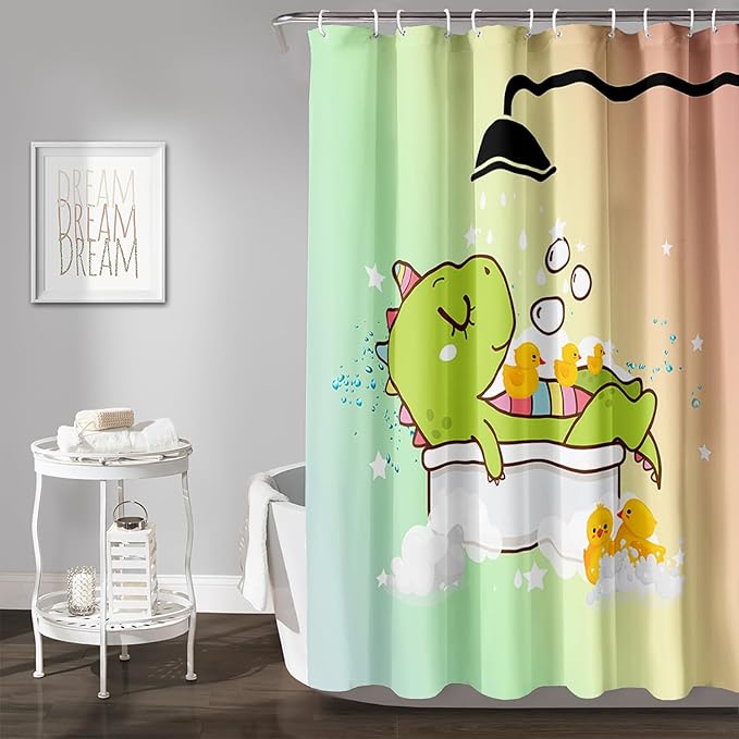 AILONEN Cartoon Shower Dinosaur Shower Curtain for Kids,Funny Green Dinosaur Shower Curtain Set with Hooks,72" W*84" H