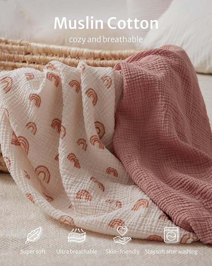 Blissful Diary Muslin Bassinet Sheets for Baby Girls Boys, Boho Soft Cotton Fitted for Oval Hourglass Rectangle Mattress, 2 Pack(Dusty Pink&Rainbow)