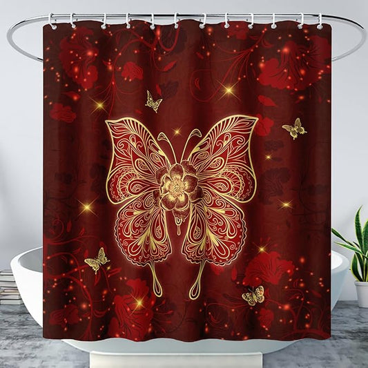 AILONEN Rose Butterfly Waterproof Curtain,Red and Gold Butterfly Floral Bath Curtain,Modern Chic Flower Polyester Fabric Red Curtain with 12 Plastic Hooks, 60" W x 72" H