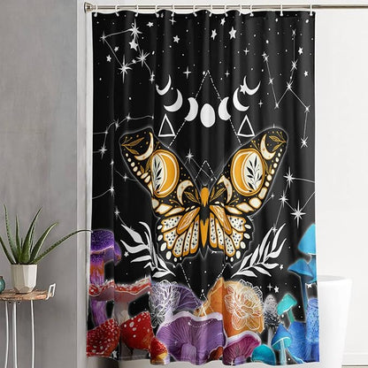 AILONEN Sun and Moon Shower Curtain,Death Moth Bath Curtain for Bathroom for Boys,Girls,Boho Hippie Style Shower Curtain,Colorful Mushroom Waterproof Fabric Shower Curtain Set with Hooks,72" W*96" H