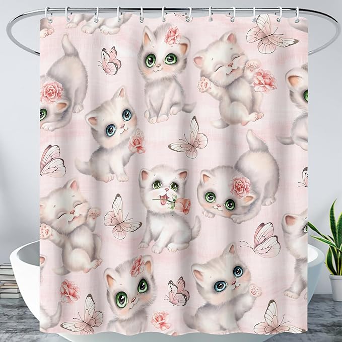 AILONEN Cat Kids Shower Curtain 72" W*78" H for Girls Teen,Kawaii Cat Butterfly Bath Curtain,Girls Pink Shower Curtain,Cat Lover Bathroom Curtain Decor Polyester Waterproof Curtain with 12 Hooks