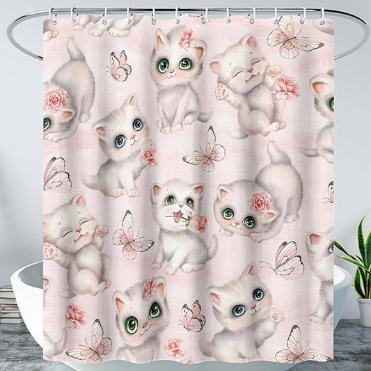 AILONEN Cat Kids Shower Curtain 72" W*78" H for Girls Teen,Kawaii Cat Butterfly Bath Curtain,Girls Pink Shower Curtain,Cat Lover Bathroom Curtain Decor Polyester Waterproof Curtain with 12 Hooks