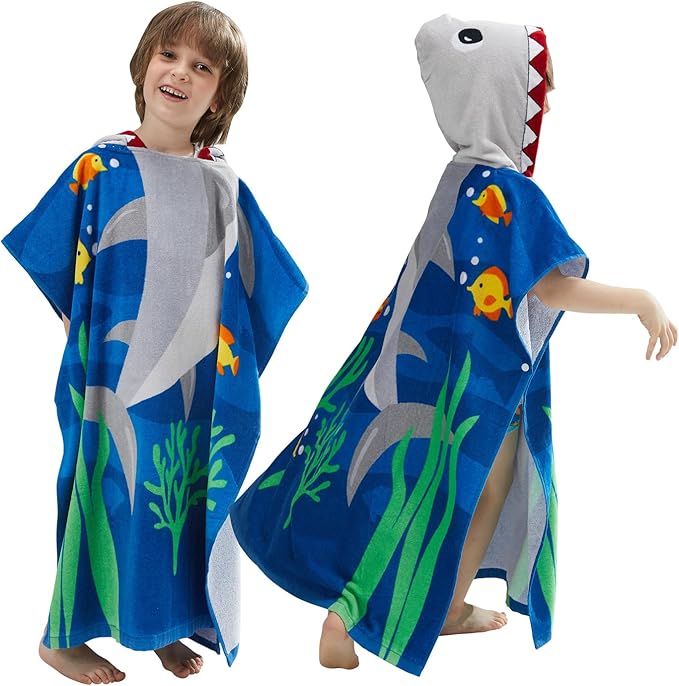 Kids Hooded Towel Bath Beach Soft Cotton Towels Boys Absorbent Pool Wrap with Hood Baby Toddler Poncho Robe(White Shark,3-4Years/Height:33"-43")