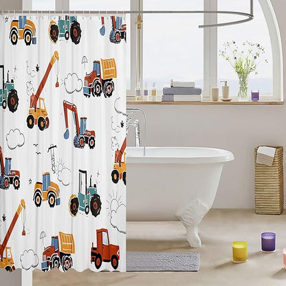 Feelyou Excavator Bathroom Shower Curtain Set Construction Vehicles Bath Curtain Equipment Trucks Shower Curtain Cartoon Car Kids Bathroom Accessories 72"x84"