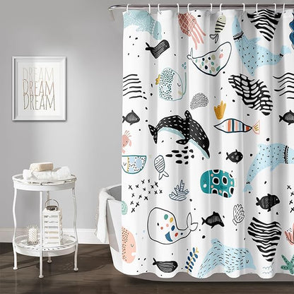 AILONEN Cute Cartoon Dolphin Shower Curtain,Kawaii Ocean Animal Dolphin Bath Curtain Set for Kids Girls Boys,Blue Dolphin Silhouette Fabric Shower Curtains for Bathroom, 72" W*78" H