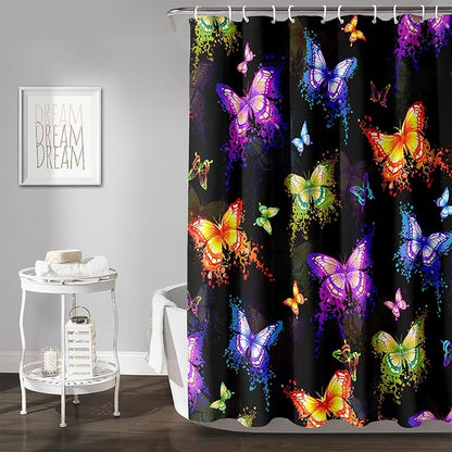 AILONEN Butterfly Shower Curtain for Bathroom, Colorful Butterfly Polyester Waterproof Bath Curtain,Modern Fashion Minimalist Shower Curtain with 12 Plastic Hooks,Black 60" W*72" H
