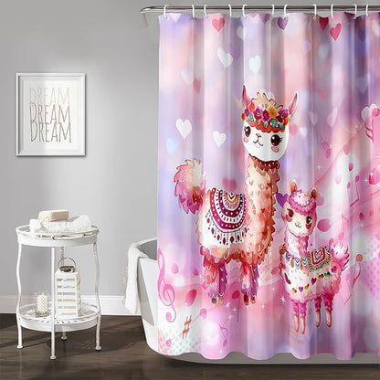 AILONEN Kawaii Llama Shower Curtain for Kids Girls,Watercolor Llama Alpaca Theme Bath Curtain,Boho Llama Hearts Print Pink Shower Curtain Waterproof for Bathroom with 12 Plastic Hooks, 72" W*84" H