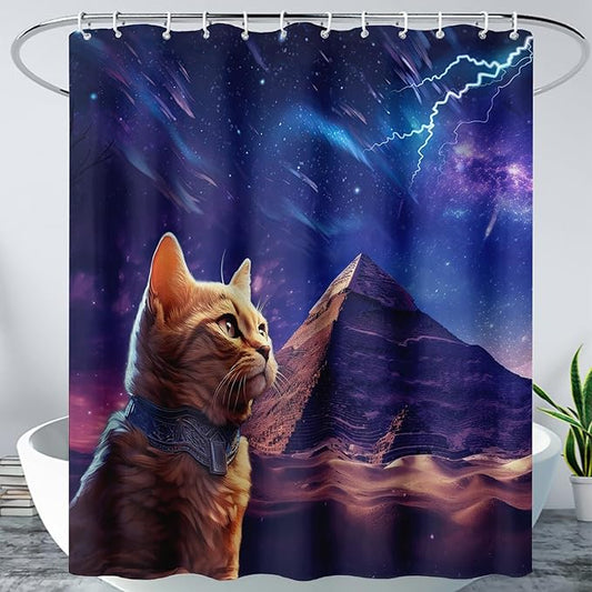 AILONEN Cat Shower Curtain,Blue Galaxy Lightning Pyramid Pet Cat Bath Curtain Gifts for Cat Lover,Polyester Waterproof for Bathroom,48" W*72" H with 12 Plastic Hooks