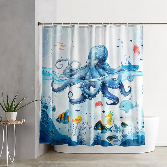 AILONEN Blue Octopuses Shower Curtain Set, Cartoon Octopus Creature Waterproof Fabric Shower Curtain,Ocean Animal Cloth Bath Curtain,Watercolor Blue Shower Curtain Liner with Hooks,60" Wx72 H