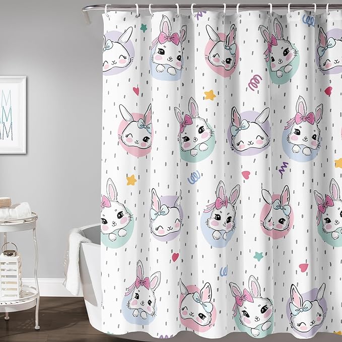 AILONEN Cute Rabbit Shower Curtain, Cartoon Kawaii Bunny Shower Curtain for Bathroom,Modern Minimalist White Waterproof Fabric Shower Curtain Set with Hooks 36" W*72" H