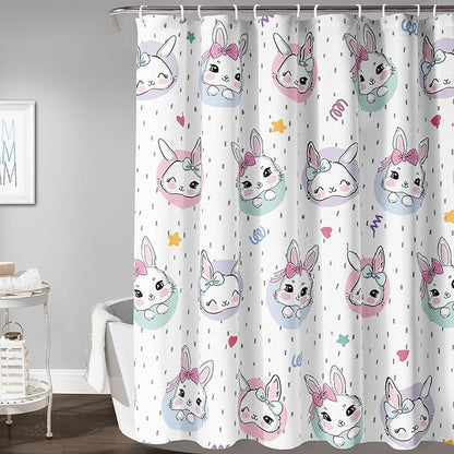 AILONEN Cute Rabbit Shower Curtain, Cartoon Kawaii Bunny Shower Curtain for Bathroom,Modern Minimalist White Waterproof Fabric Shower Curtain Set with Hooks 36" W*72" H
