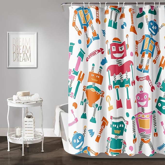 AILONEN Robots Shower Curtain,Modern Cartoon Super Robot Pattern Bathroom Decor for Boys Girls Teens Kids, 60" W*72" H Watercolor Robot Shower Curtain Set