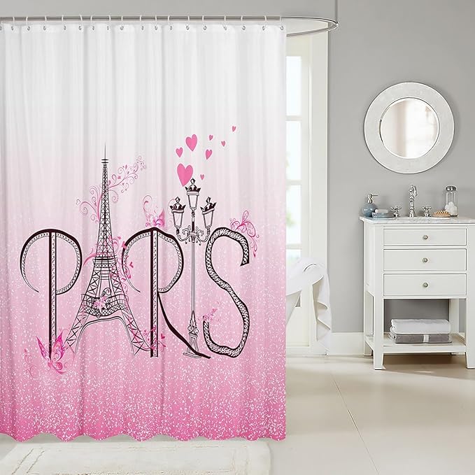 Feelyou Eiffel Tower Shower Curtain 72"x84" Kids Romantic Paris Bathroom Shower Curtain Set for Boys Girls Teens Ombre Pink Butterfly Bath Curtain Modern French Bathroom Accessories