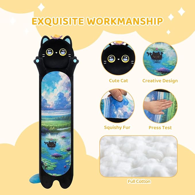 Long Cat Plush Kawaii Kids Plush Toy Pillows, Cute Black Cat Stuffed Animals Soft Plushies, Kitten Big Plush Toys Throw Body Pillow Doll Gift for Girls Boy (Butterfly Black Cat 20 Inches)