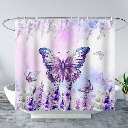 AILONEN Girls Butterfly Shower Curtain for Bathroom,Purple Blooming Lavender Flower Floral Butterfly Printed Bath Curtain 72" W*72" H Polyester Fabric Waterproof Bathroom Curtain with 12 Hooks