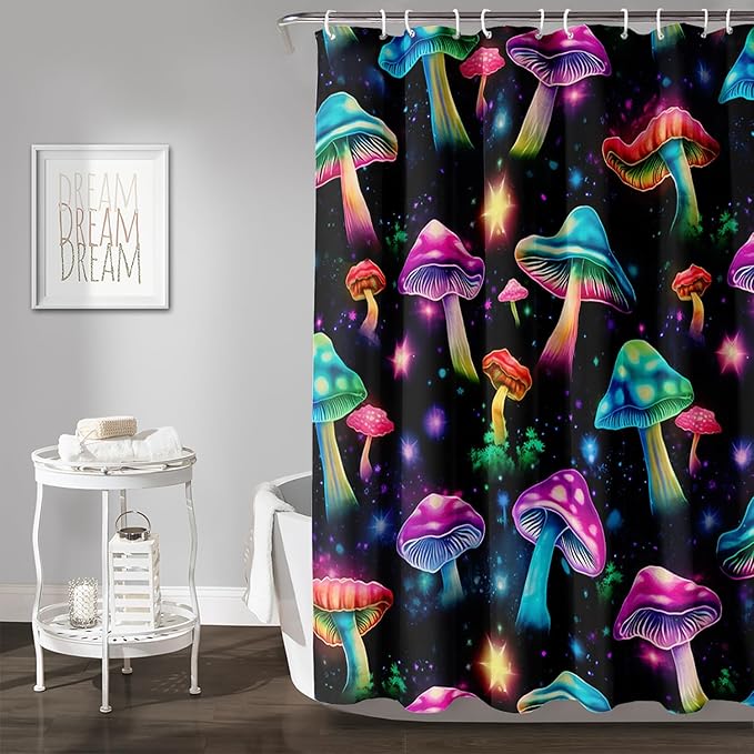 AILONEN Colorful Magic Mushroom Shower Curtain,Natural Fungal Plants Shower Curtain Set for Bathroom,Boho Style Waterproof Fabric Bath Curtain for Kids Girls, 72" W*96" H