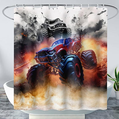AILONEN Boys Monster Truck Shower Curtain for Bathroom, Watercolor Truck Bath Curtain,Cartoon Truck Shower Curtain for Kids Teen,Waterproof Curtain Bathroom 48" W*72" H Decor with 12 Plastic Hooks