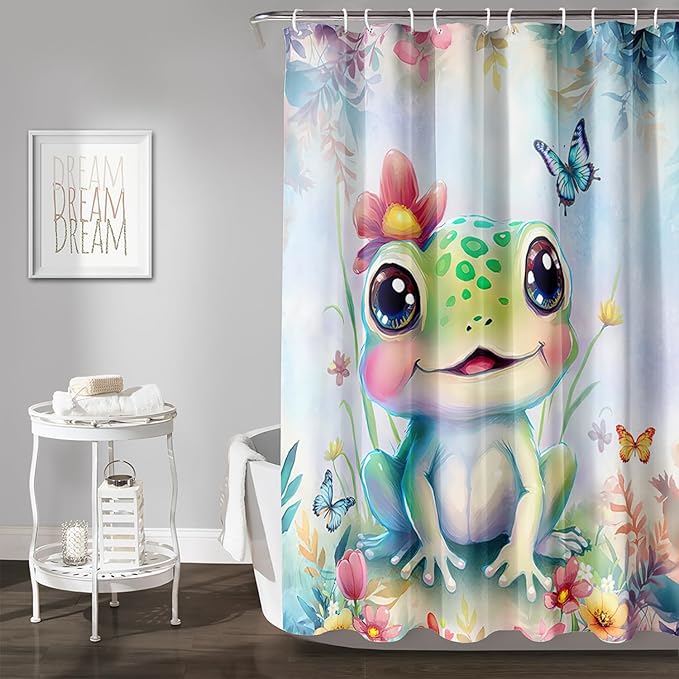 AILONEN Cartoon Frog Shower Curtain,Kawaii Frog Waterproof Fabric Bath Curtain for Kids Girls,Watercolor Blue Flower with Butterfly Shower Curtain Set for Bathroom with Hooks,48" W*72" H