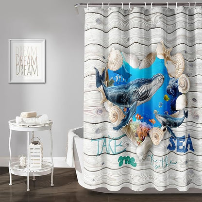 AILONEN 3D Printed Whale Shower Curtain, Ocean Sea Animal Wooden Style Bathroom Curtain,Shell Coast Whale Bath Curtain,60" W*72" H Polyester Waterproof Bathroom Curtain with 12 Hooks