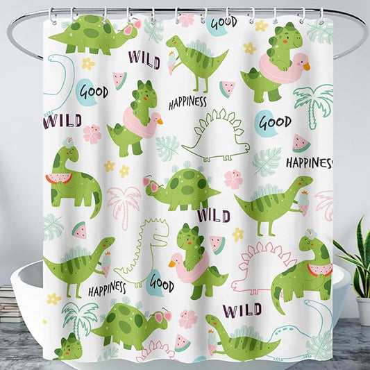 AILONEN Dinosaur Shower Curtain for Boys, Cute Green Kids Bath Curtain 72" W*84" H,Tropical Leaves Funny Dinosaur Curtain with 12 Plastic Hooks
