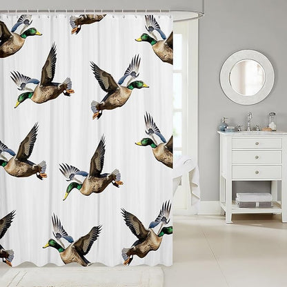 Manfei Ducks Kids Shower Curtains,Rustic Animals Hunting Adventure Bathroom Curtains for Girls Boys,Swimming Bird Farmhouse Country White Waterproof Curtains,12 Hooks Suits,72" W x 84" L